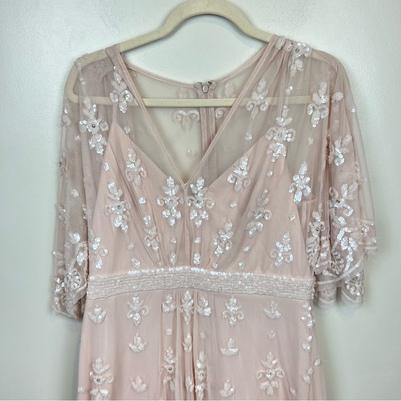 New Mac Duggal Blush V Neck Flutter Sleeve Embellished Mesh Gown, Size 10 - Picture 6 of 9